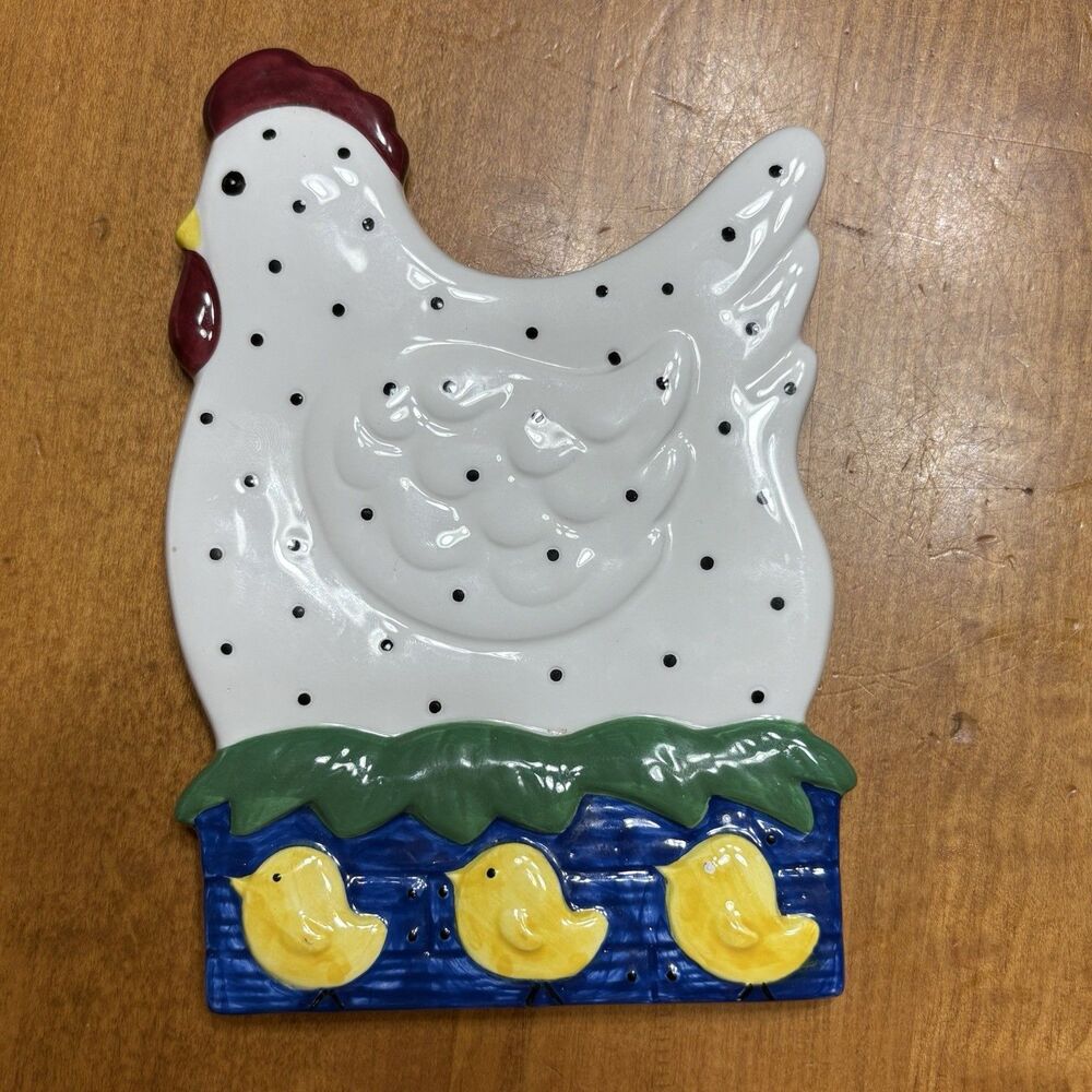 Charming Vintage Ceramic Spotted Chicken & 3 Baby Chicks Spoon Rest
